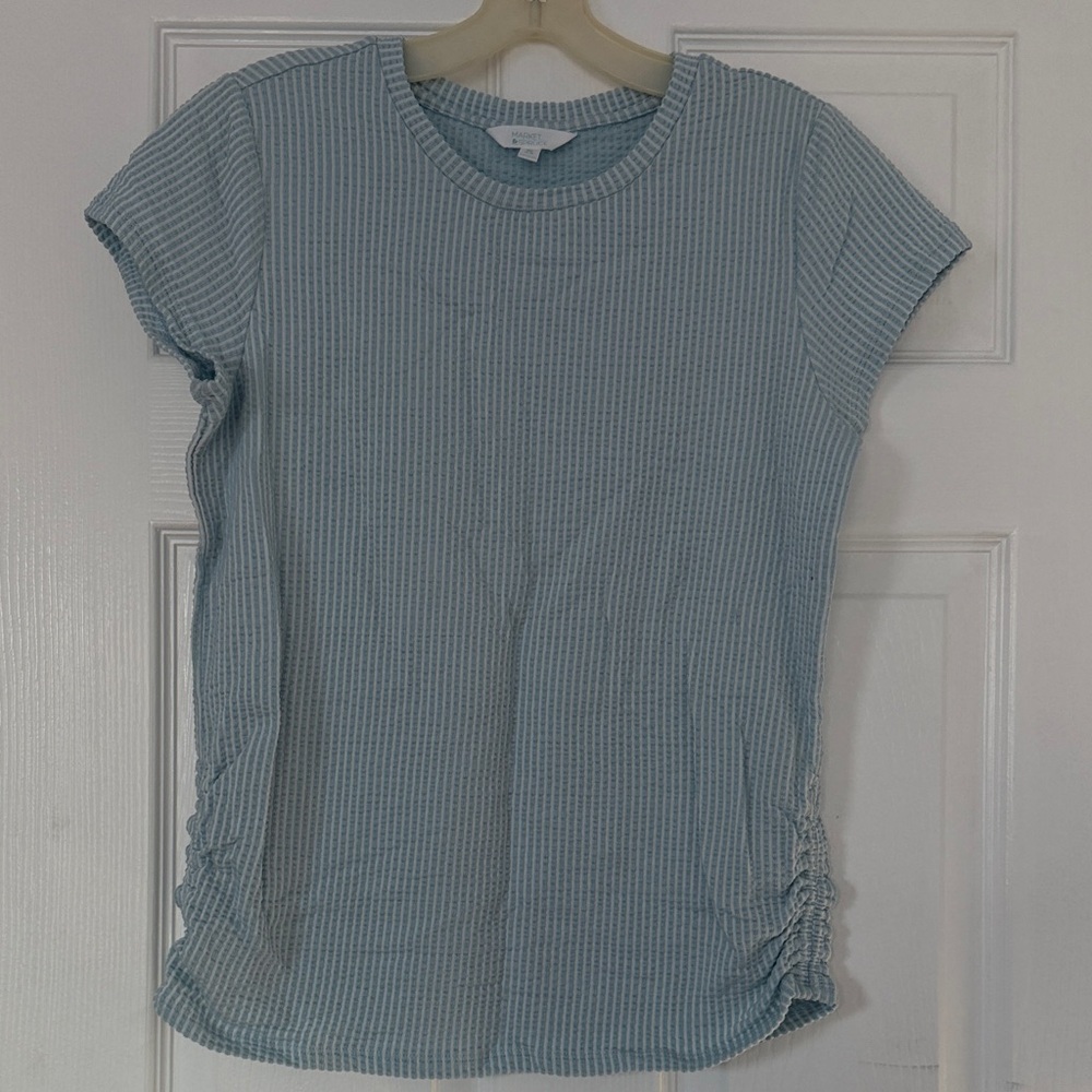 Girls Light Blue Ribbed Short-Sleeve Tee with Side Ruching - Picture 1 of 2